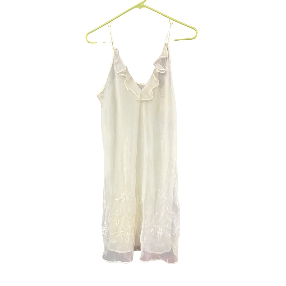 Valerie Stevens Vintage Sheer Ivory Embroidered Ruffle Chemise Nightgown Medium